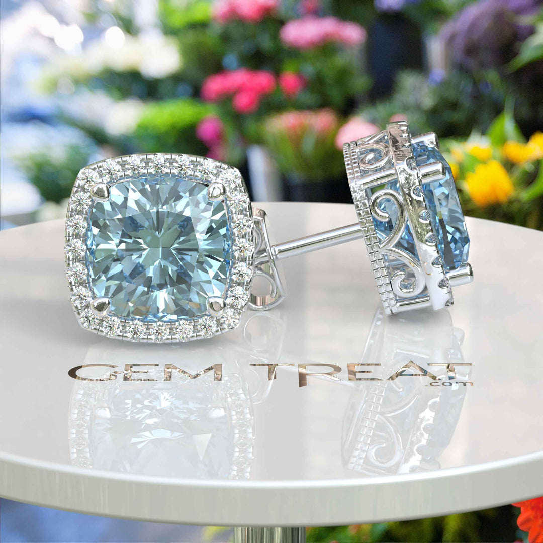 Crystal Marine Majesty: Aquamarine Cushion Stud Earrings with Moissanite Halo Sparkle