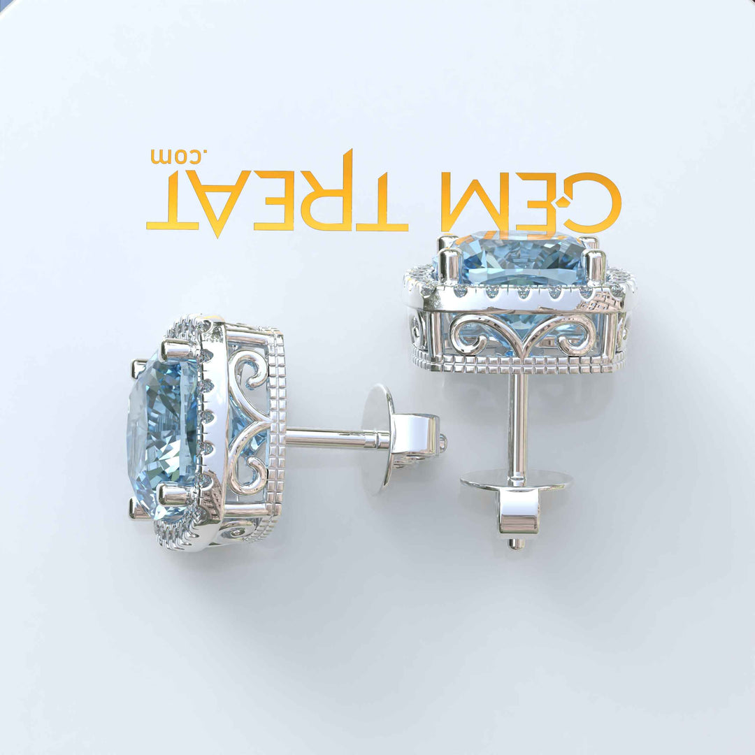 Crystal Marine Majesty: Aquamarine Cushion Stud Earrings with Moissanite Halo Sparkle