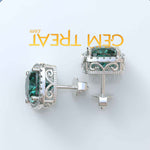 Load image into Gallery viewer, Ocean Radiance: Lustrous Cushion Cut Cyan Blue Moissanite Earrings in a Sparkling Halo.
