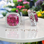 Load image into Gallery viewer, Rosy Radiance: Cushion Pink Sapphire Stud Earrings, Glimmering Moissanite Halo.
