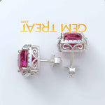 Load image into Gallery viewer, Rosy Radiance: Cushion Pink Sapphire Stud Earrings, Glimmering Moissanite Halo.
