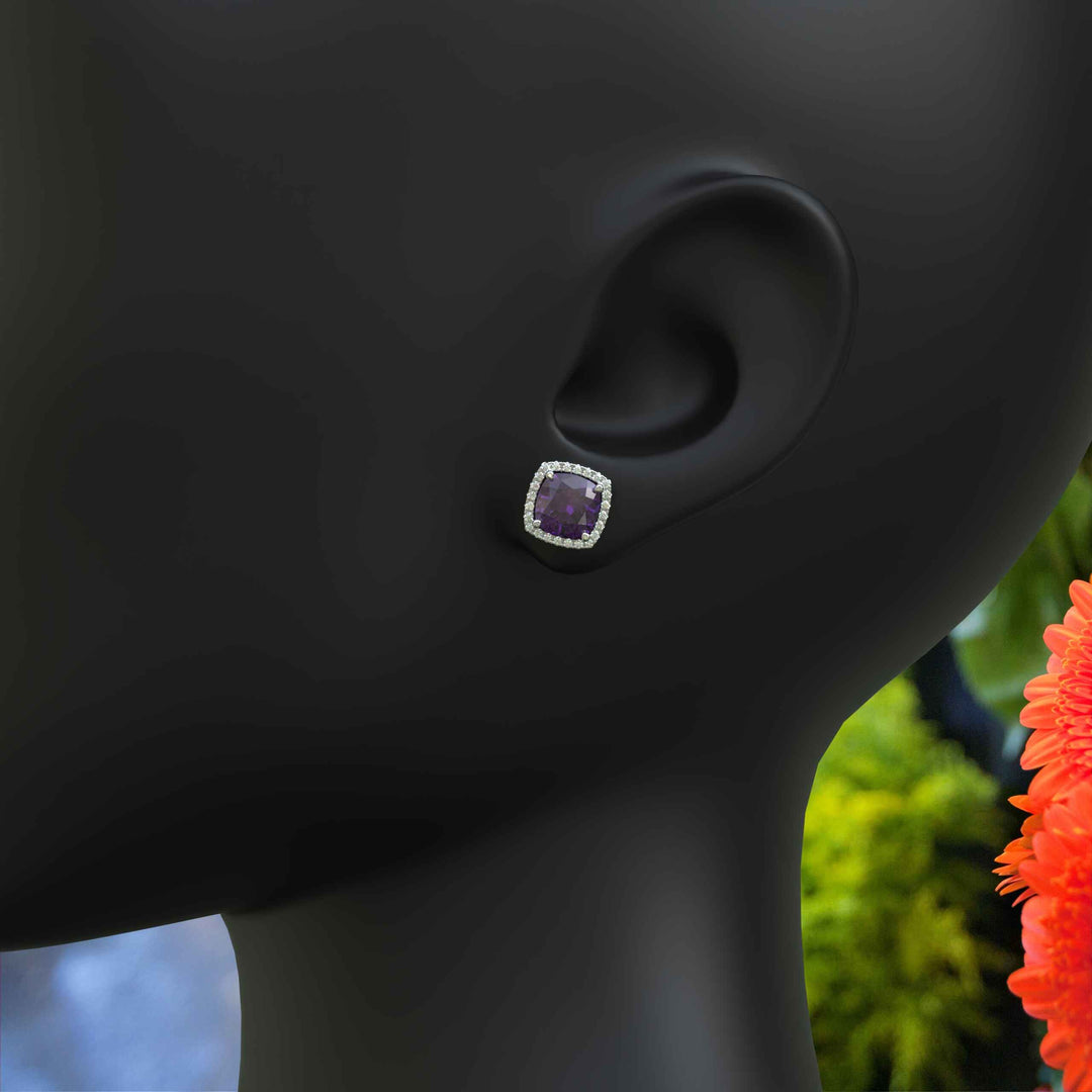 Lavish Lilac Luster: 8.0ctw Cushion Cut Amethyst Halo Stud Earrings.