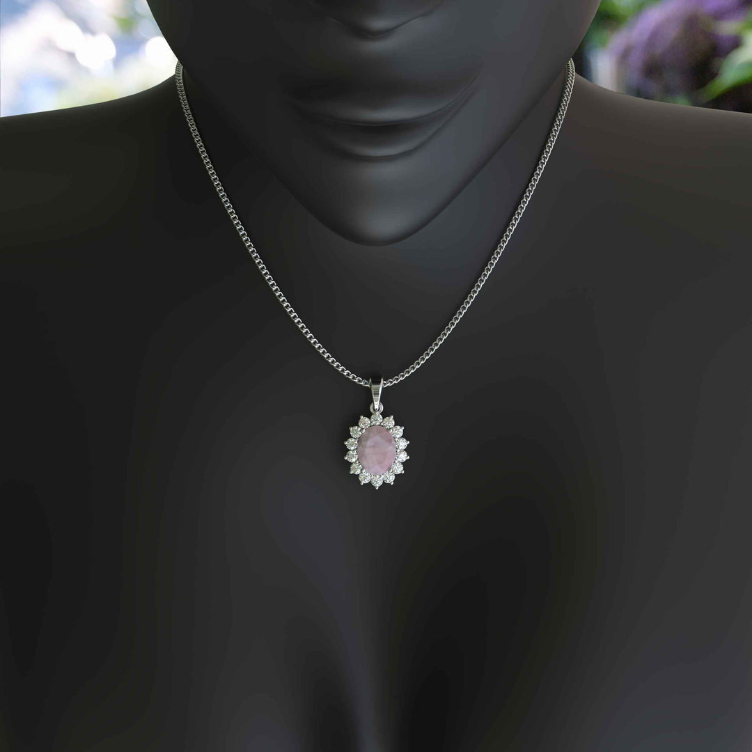 Feminine Mystique: Oval-Cut Rose Quartz Pendant Necklace with Sparkling Moissanite Halo