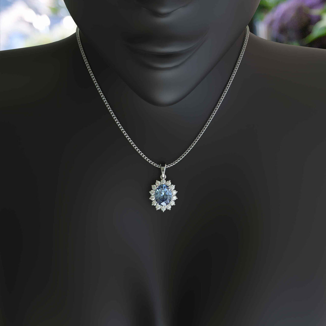 Oval Blue Moissanite Pendant Necklace Adorned with a Dazzling Halo of Moissanites