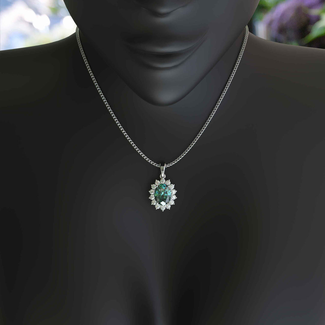 Ethereal Glow: Cyan Moissanite Centerpiece Pendant Necklace, Encircled by a Moissanites Halo