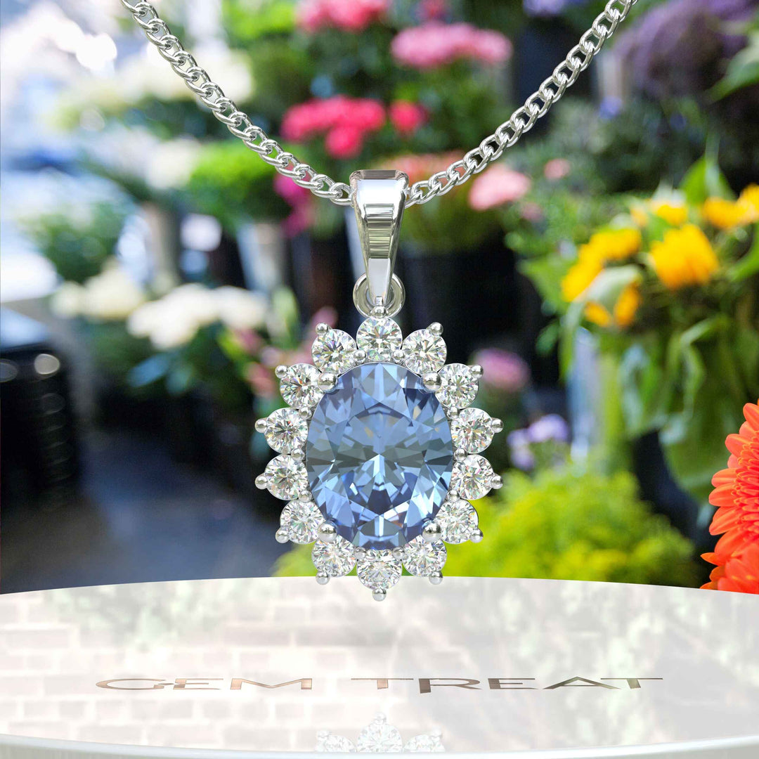 Oval Blue Moissanite Pendant Necklace Adorned with a Dazzling Halo of Moissanites