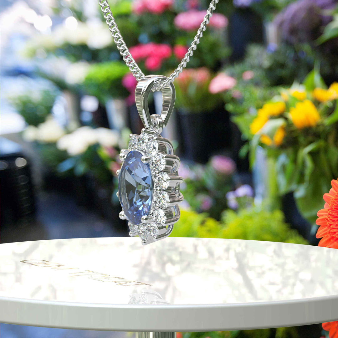 Oval Blue Moissanite Pendant Necklace Adorned with a Dazzling Halo of Moissanites