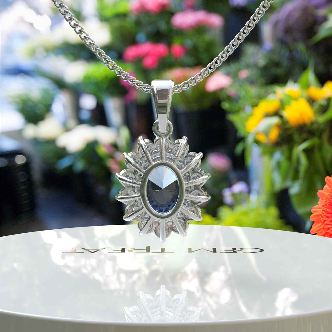 Oval Blue Moissanite Pendant Necklace Adorned with a Dazzling Halo of Moissanites