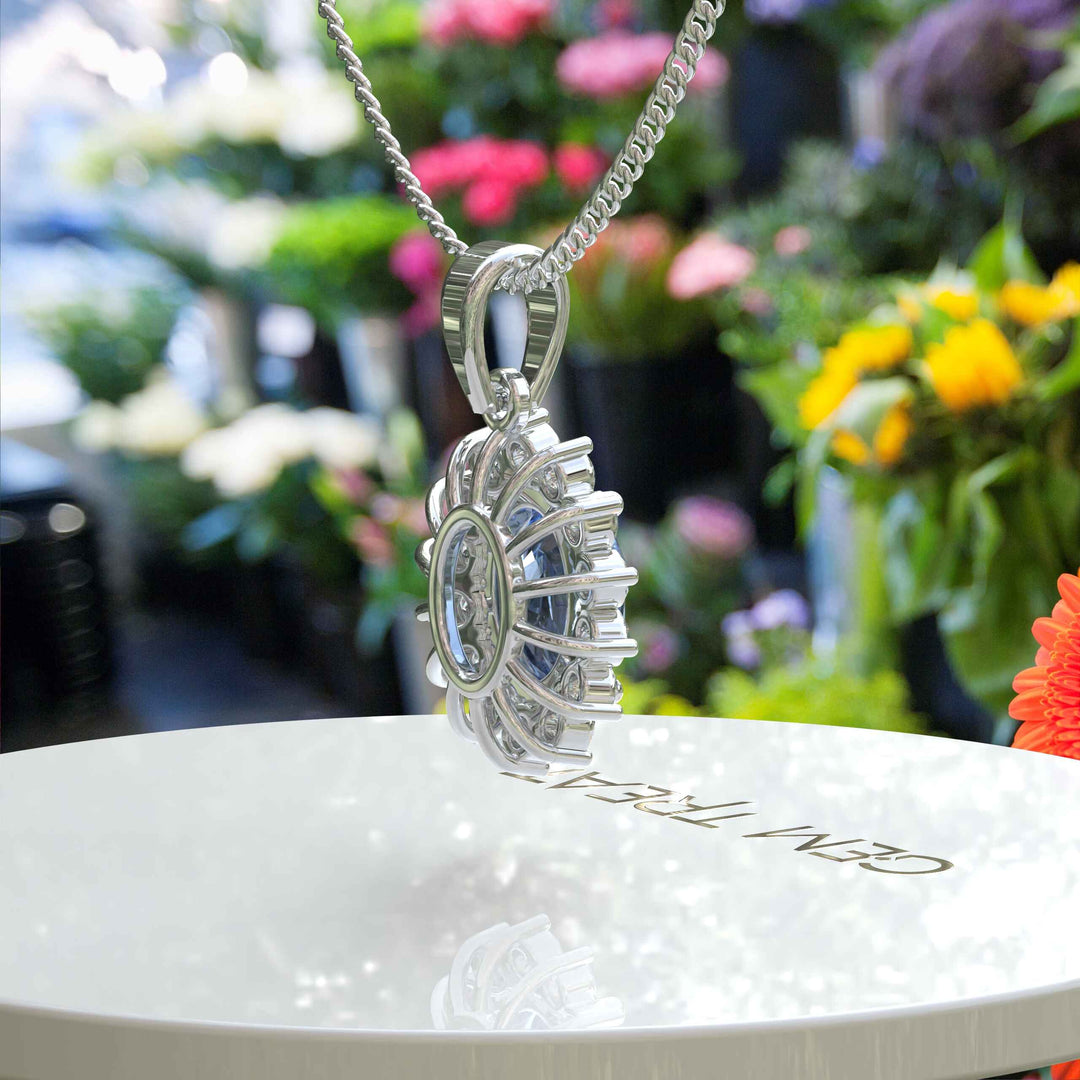 Oval Blue Moissanite Pendant Necklace Adorned with a Dazzling Halo of Moissanites