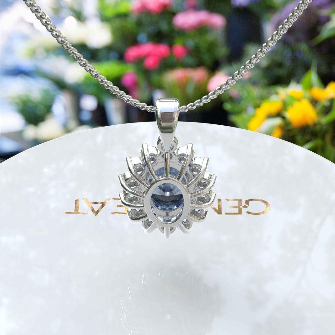 Oval Blue Moissanite Pendant Necklace Adorned with a Dazzling Halo of Moissanites