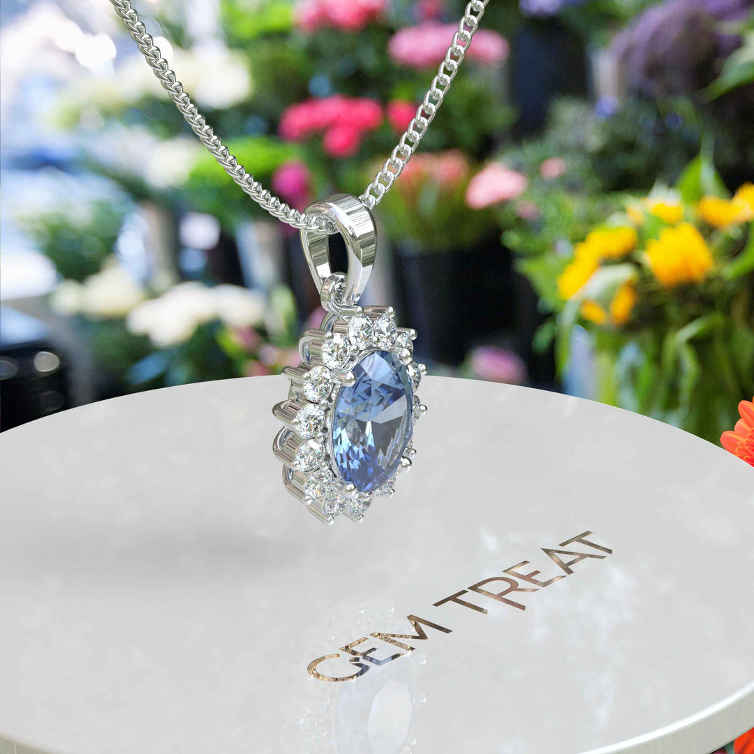 Oval Blue Moissanite Pendant Necklace Adorned with a Dazzling Halo of Moissanites