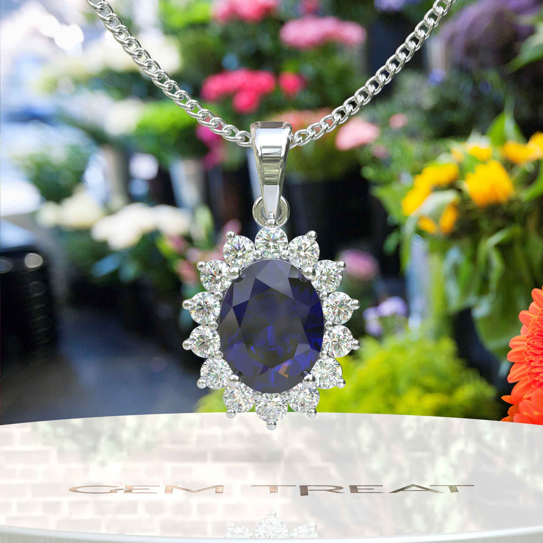 Enchanted Seas: Oval Cut Blue Sapphire Pendant Necklace Adorned with Glistening Moissanite Halo