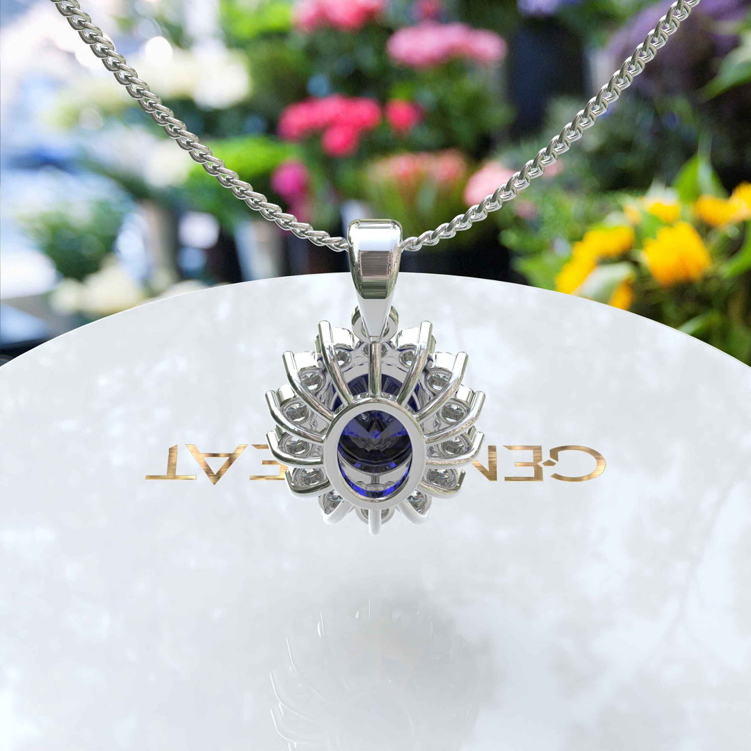 Enchanted Seas: Oval Cut Blue Sapphire Pendant Necklace Adorned with Glistening Moissanite Halo