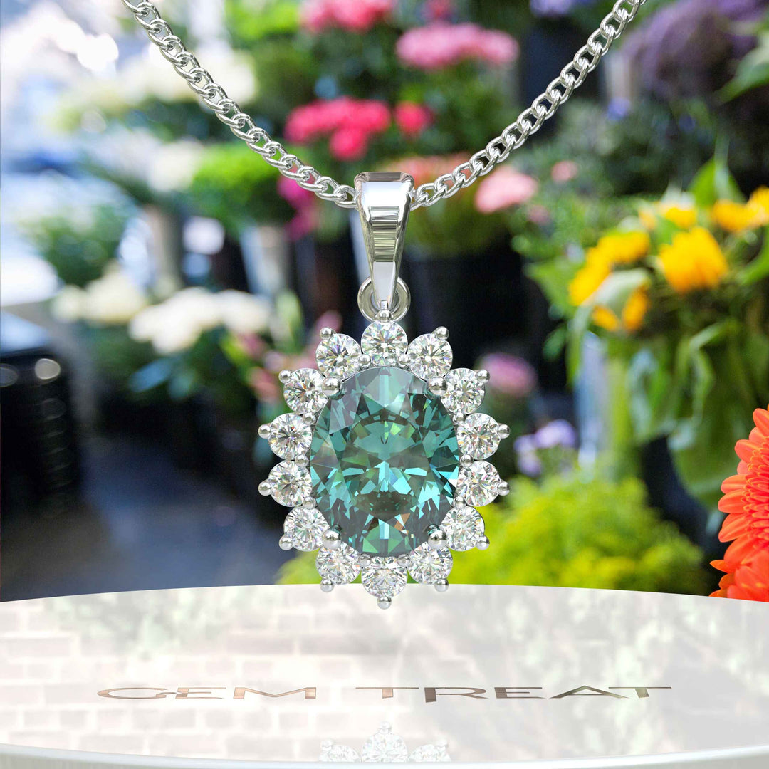 Ethereal Glow: Cyan Moissanite Centerpiece Pendant Necklace, Encircled by a Moissanites Halo