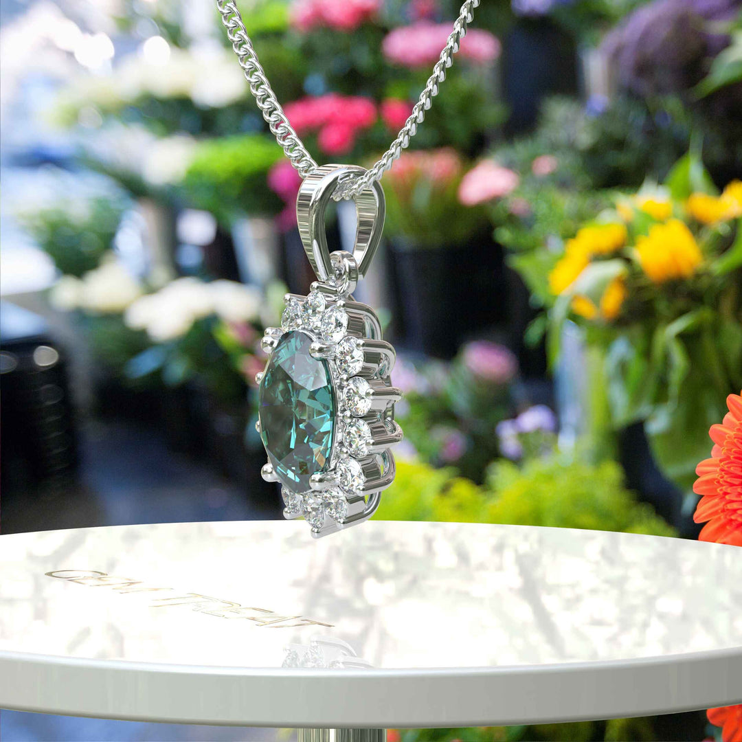 Ethereal Glow: Cyan Moissanite Centerpiece Pendant Necklace, Encircled by a Moissanites Halo