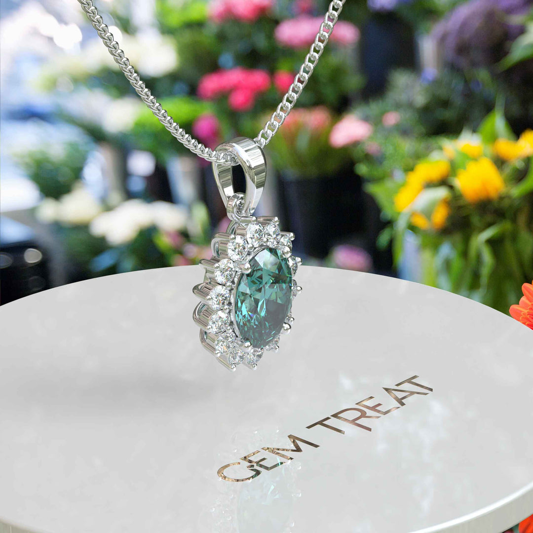 Ethereal Glow: Cyan Moissanite Centerpiece Pendant Necklace, Encircled by a Moissanites Halo