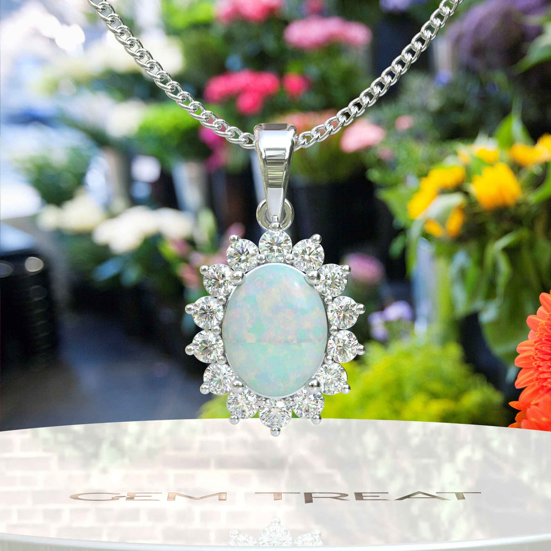 Glistening Aura: Oval Cut Opal Pendant Necklace Enhanced with a Moissanite Halo