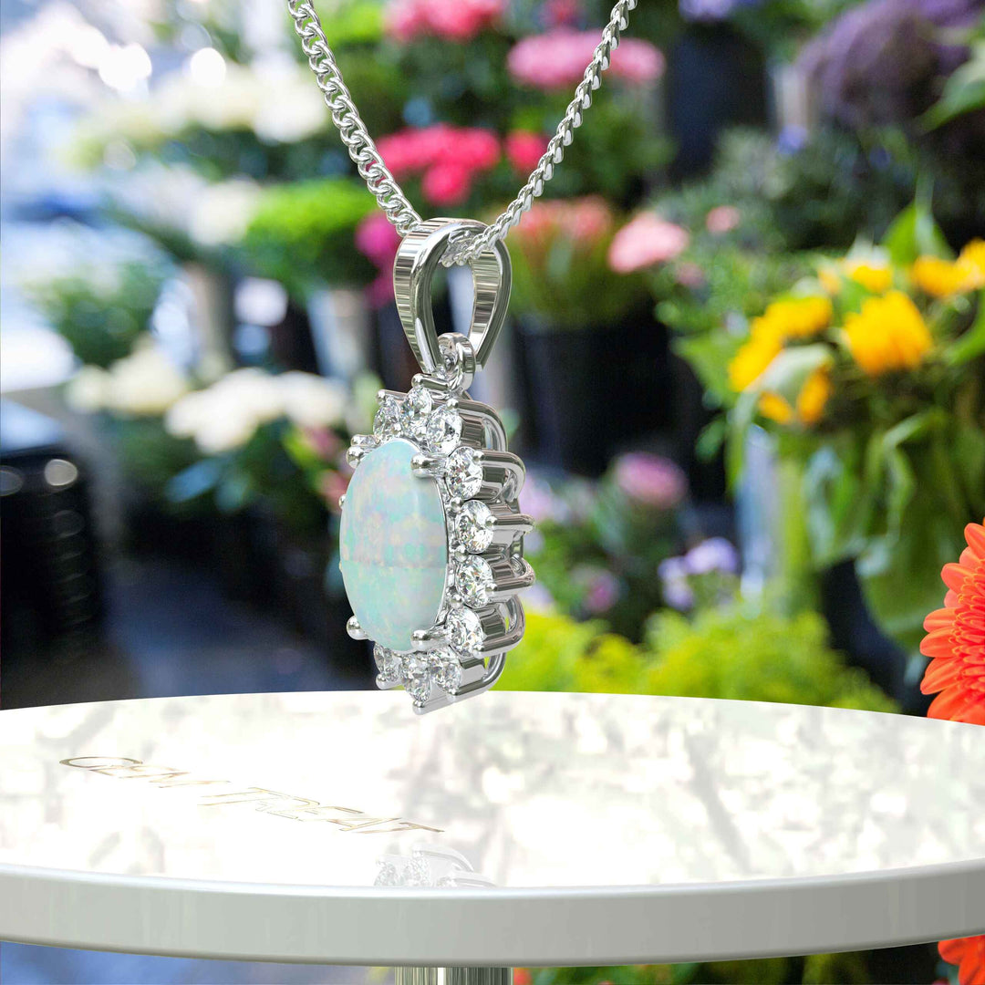 Glistening Aura: Oval Cut Opal Pendant Necklace Enhanced with a Moissanite Halo