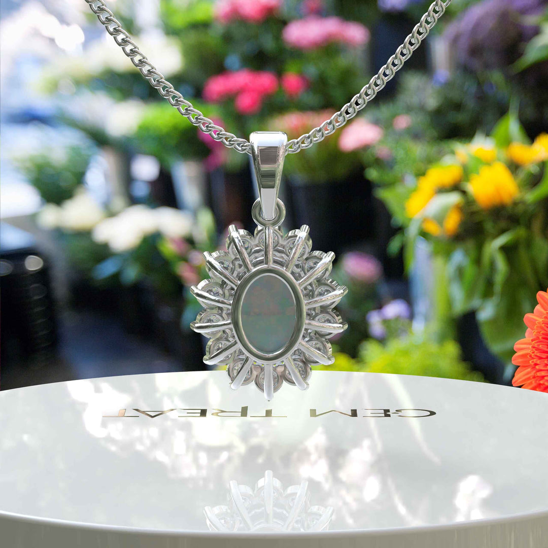 Glistening Aura: Oval Cut Opal Pendant Necklace Enhanced with a Moissanite Halo