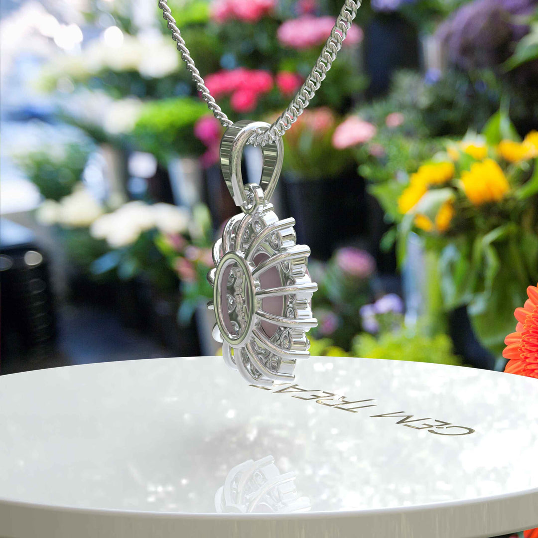 Feminine Mystique: Oval-Cut Rose Quartz Pendant Necklace with Sparkling Moissanite Halo