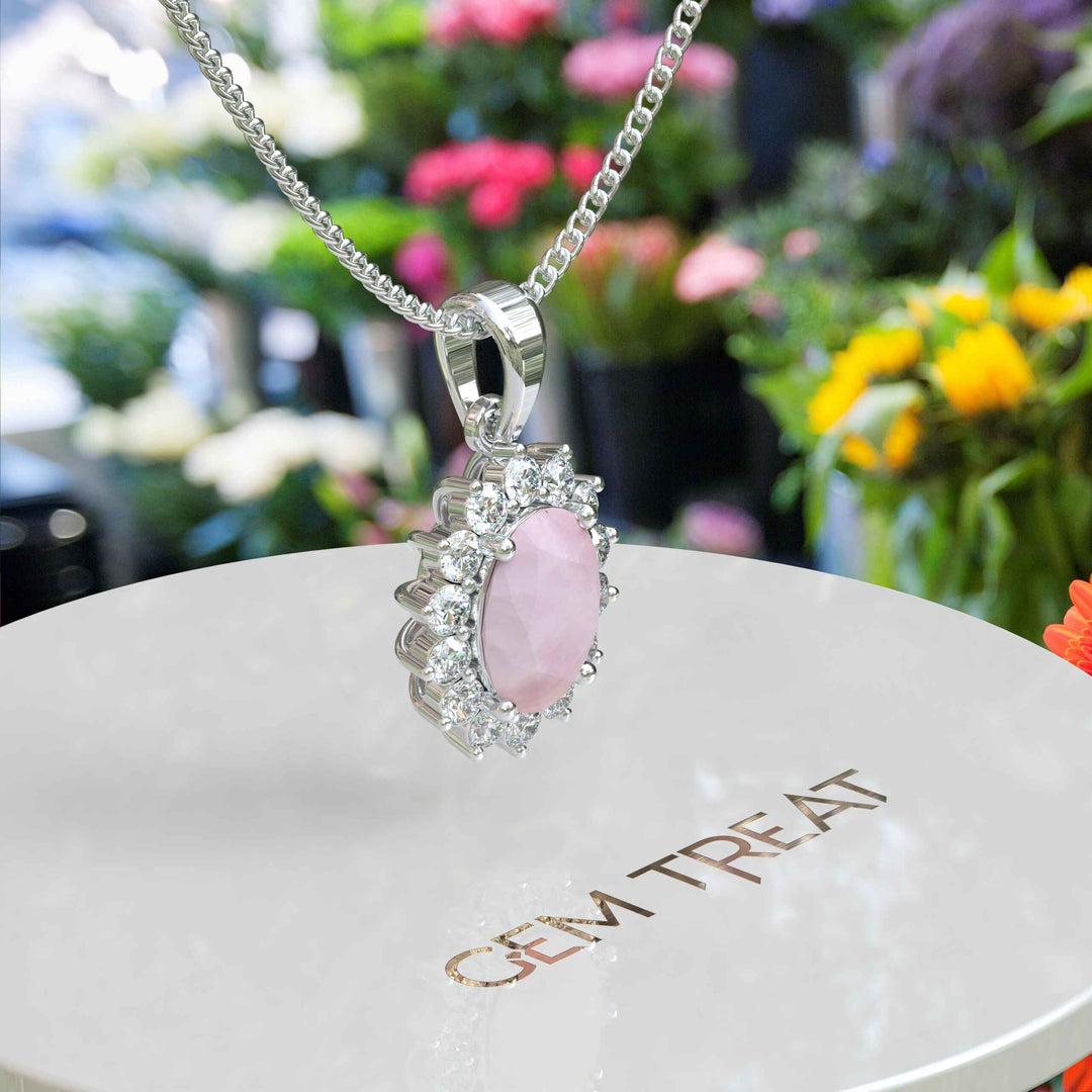 Feminine Mystique: Oval-Cut Rose Quartz Pendant Necklace with Sparkling Moissanite Halo