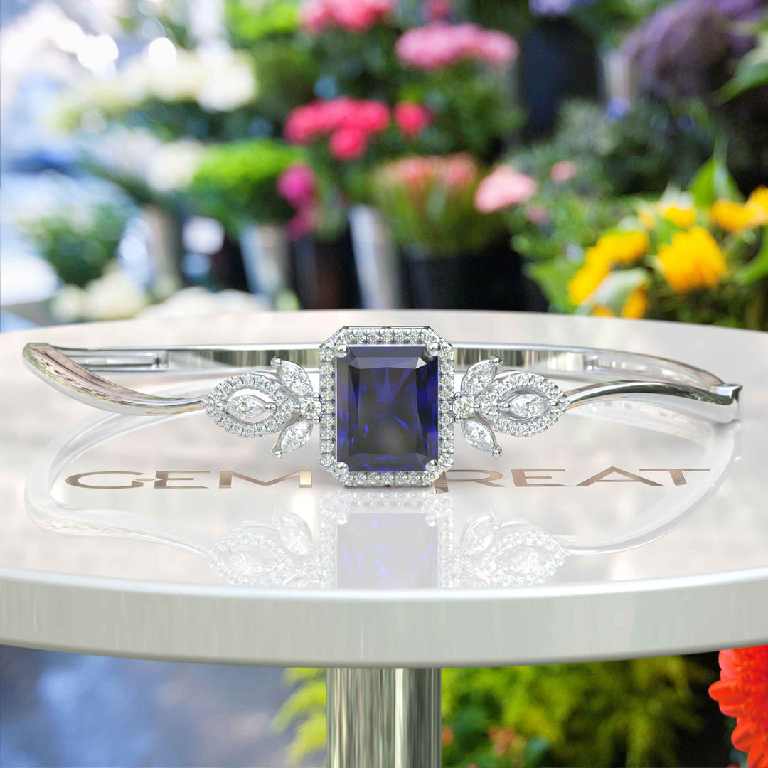 Elegance Unleashed: 4.0ct Emerald Cut Blue Sapphire Bangle Bracelet Radiance