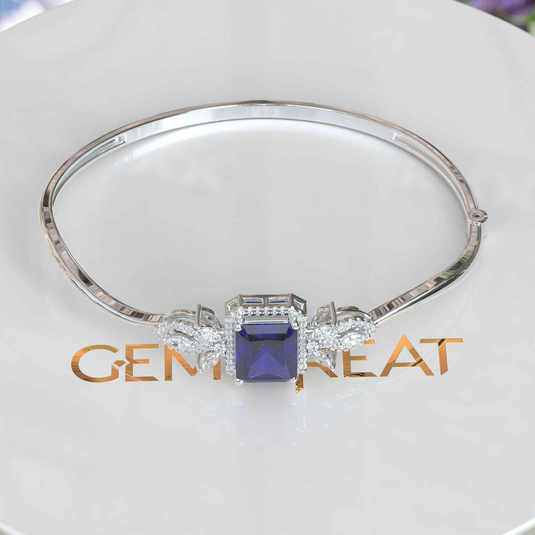 Elegance Unleashed: 4.0ct Emerald Cut Blue Sapphire Bangle Bracelet Radiance