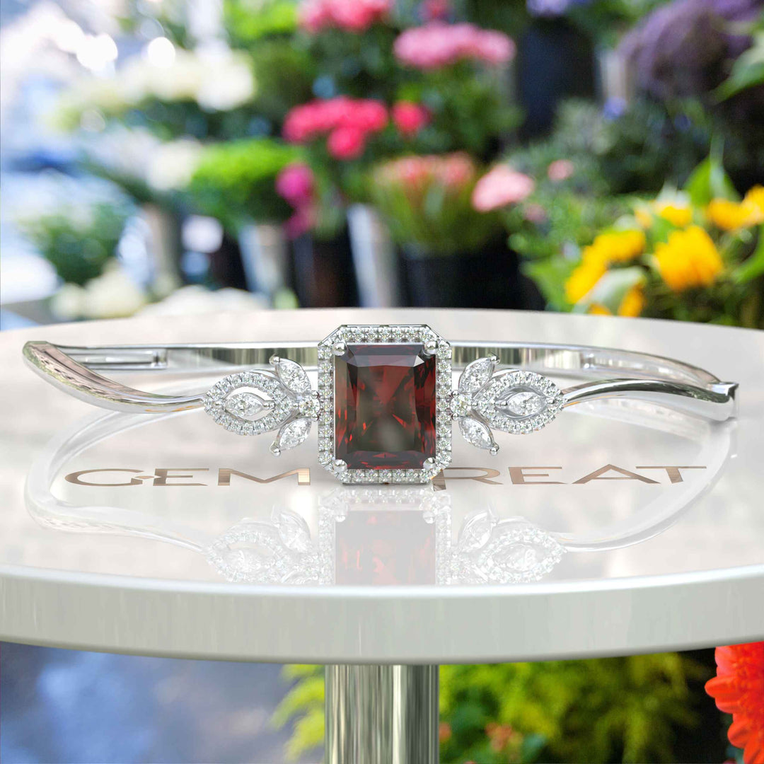 Crimson Elegance: 4.0ct Emerald Cut Garnet Bangle Bracelet Adorned with Marquise Moissanites