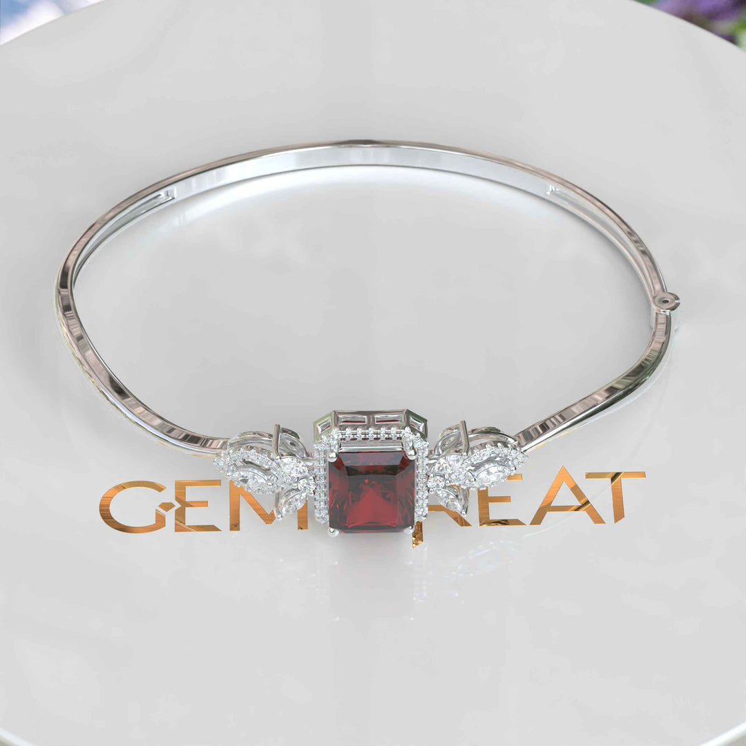 Crimson Elegance: 4.0ct Emerald Cut Garnet Bangle Bracelet Adorned with Marquise Moissanites