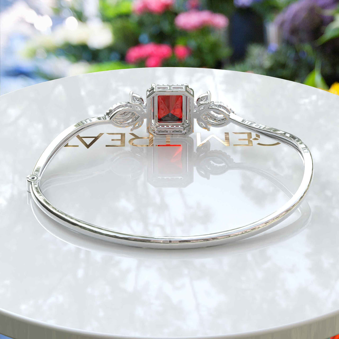 Crimson Elegance: 4.0ct Emerald Cut Garnet Bangle Bracelet Adorned with Marquise Moissanites