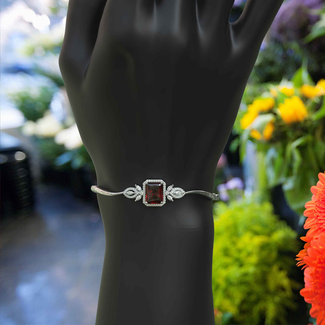 Crimson Elegance: 4.0ct Emerald Cut Garnet Bangle Bracelet Adorned with Marquise Moissanites