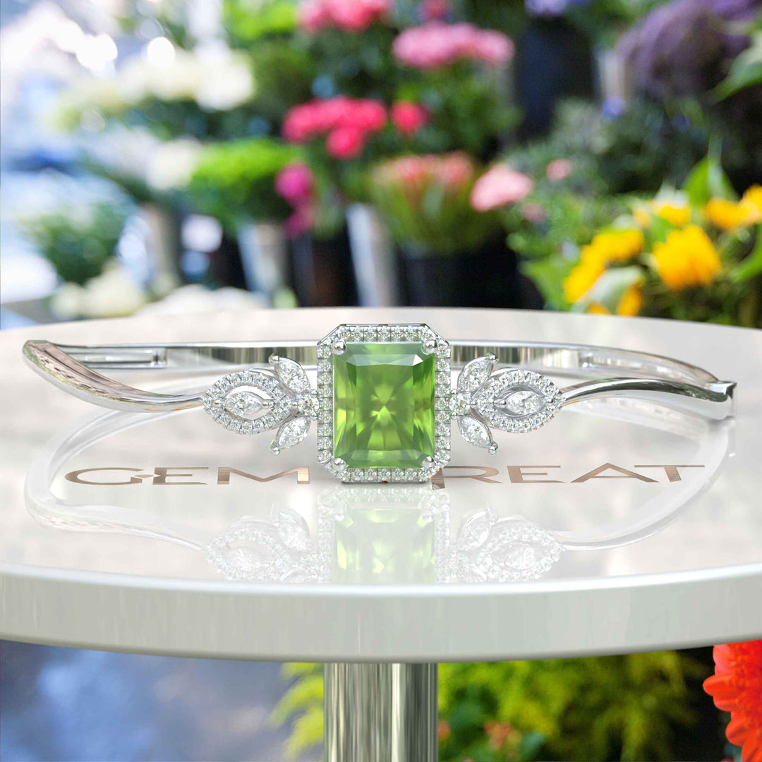 Green Serenity, 4.0ct Emerald Cut Peridot Bangle Bracelet Radiating Calm Elegance