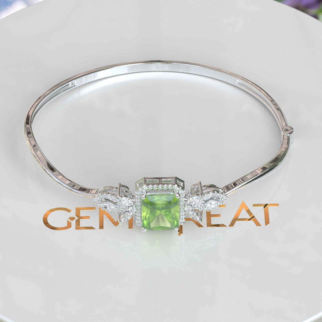 Green Serenity, 4.0ct Emerald Cut Peridot Bangle Bracelet Radiating Calm Elegance