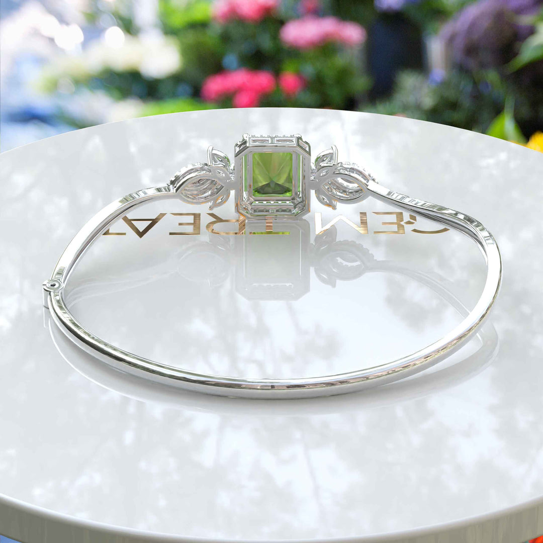 Green Serenity, 4.0ct Emerald Cut Peridot Bangle Bracelet Radiating Calm Elegance