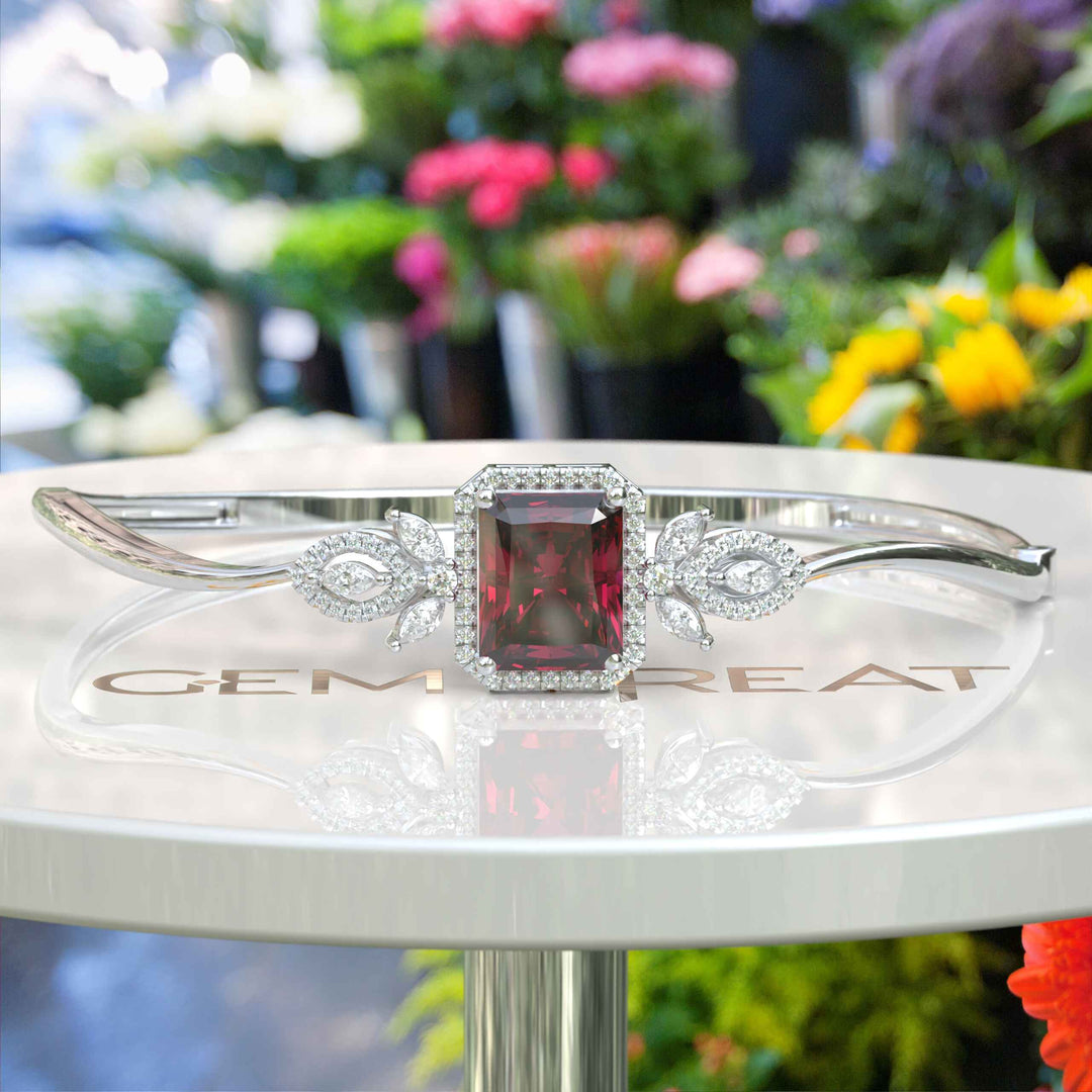 Red Radiance: Emerald Cut Ruby Bangle Bracelet with Glistening Marquise Moissanite Accents