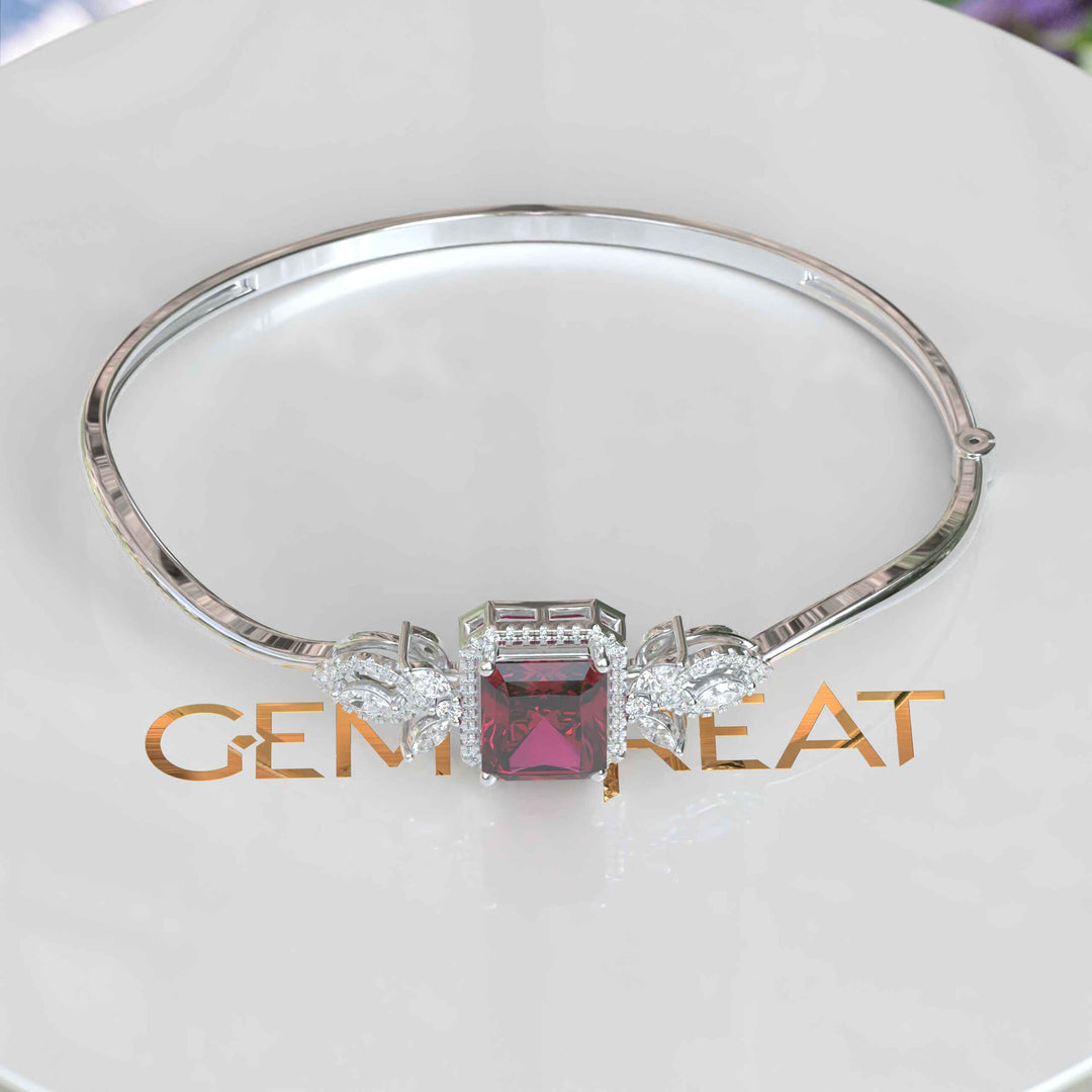 Red Radiance: Emerald Cut Ruby Bangle Bracelet with Glistening Marquise Moissanite Accents