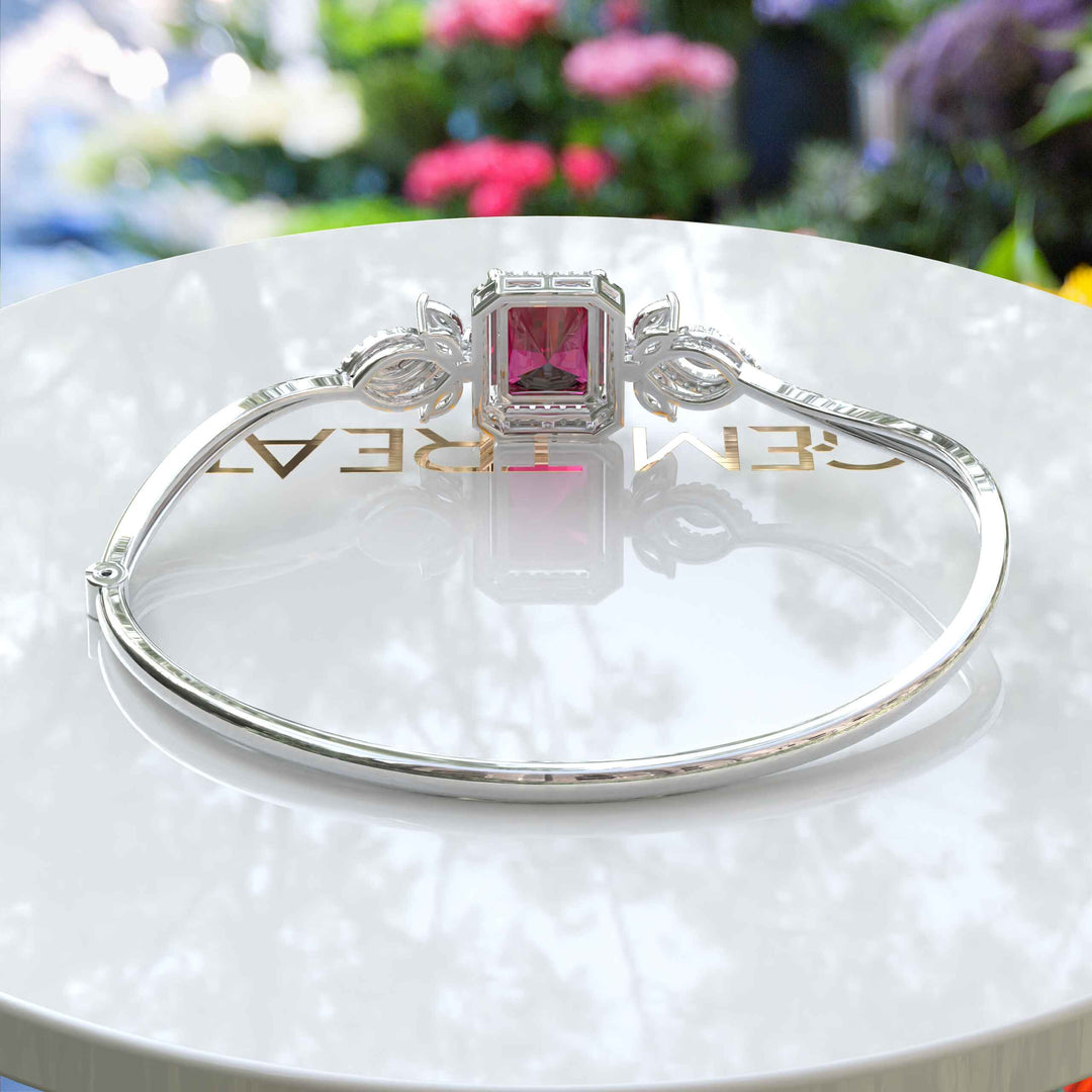 Red Radiance: Emerald Cut Ruby Bangle Bracelet with Glistening Marquise Moissanite Accents