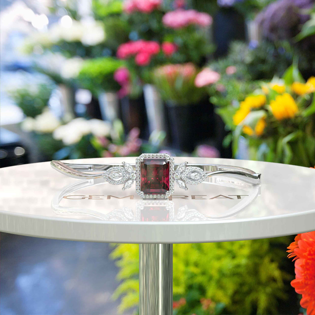 Red Radiance: Emerald Cut Ruby Bangle Bracelet with Glistening Marquise Moissanite Accents