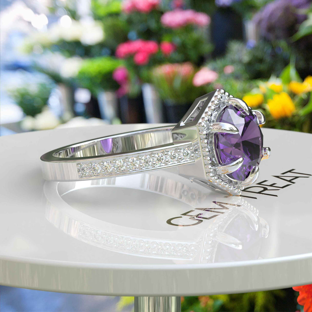 A Whisper of Elegance: Round Amethyst Engagement Ring in Silver