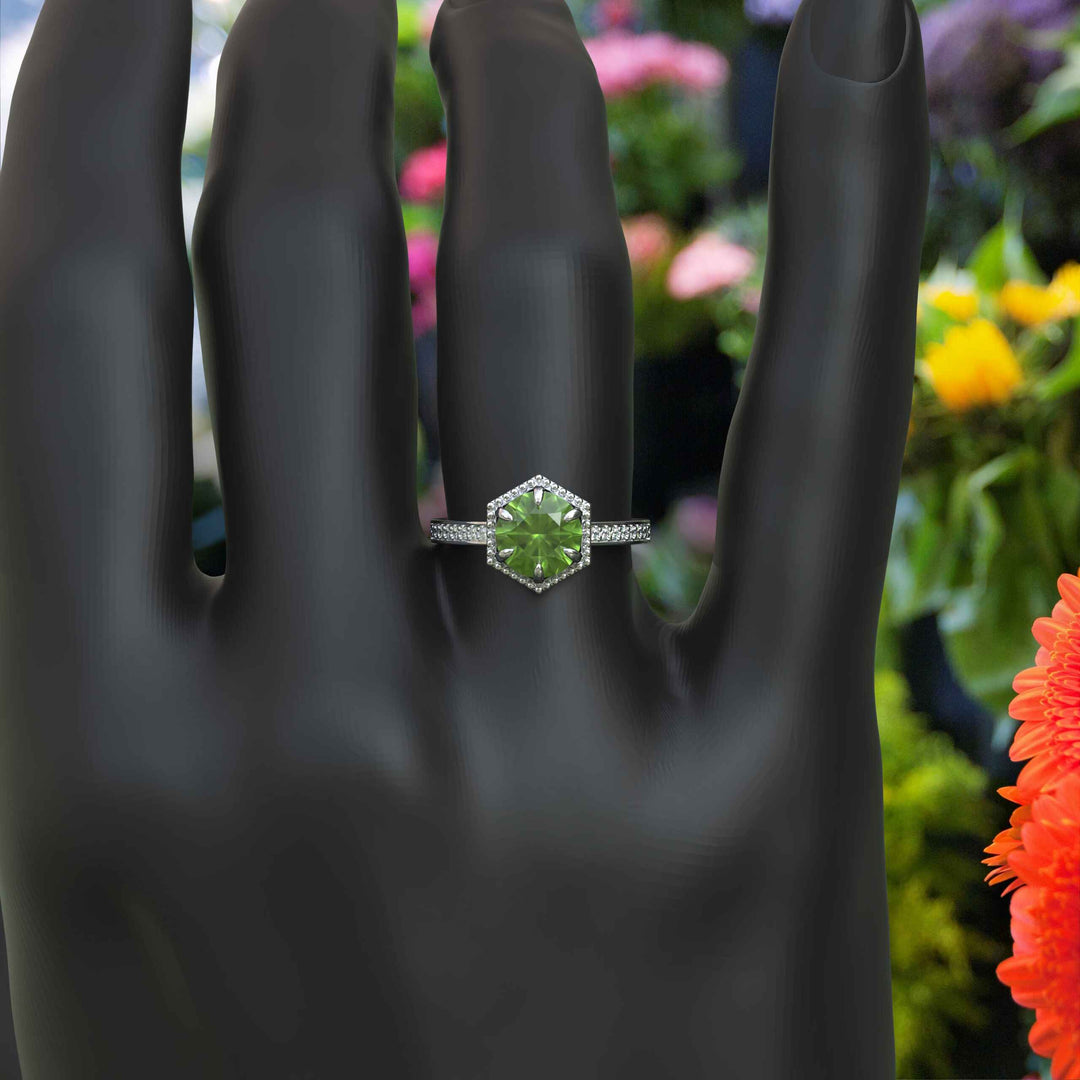 August's Elegance: Circular Peridot Ring Set in Miligrain-Edged Halo