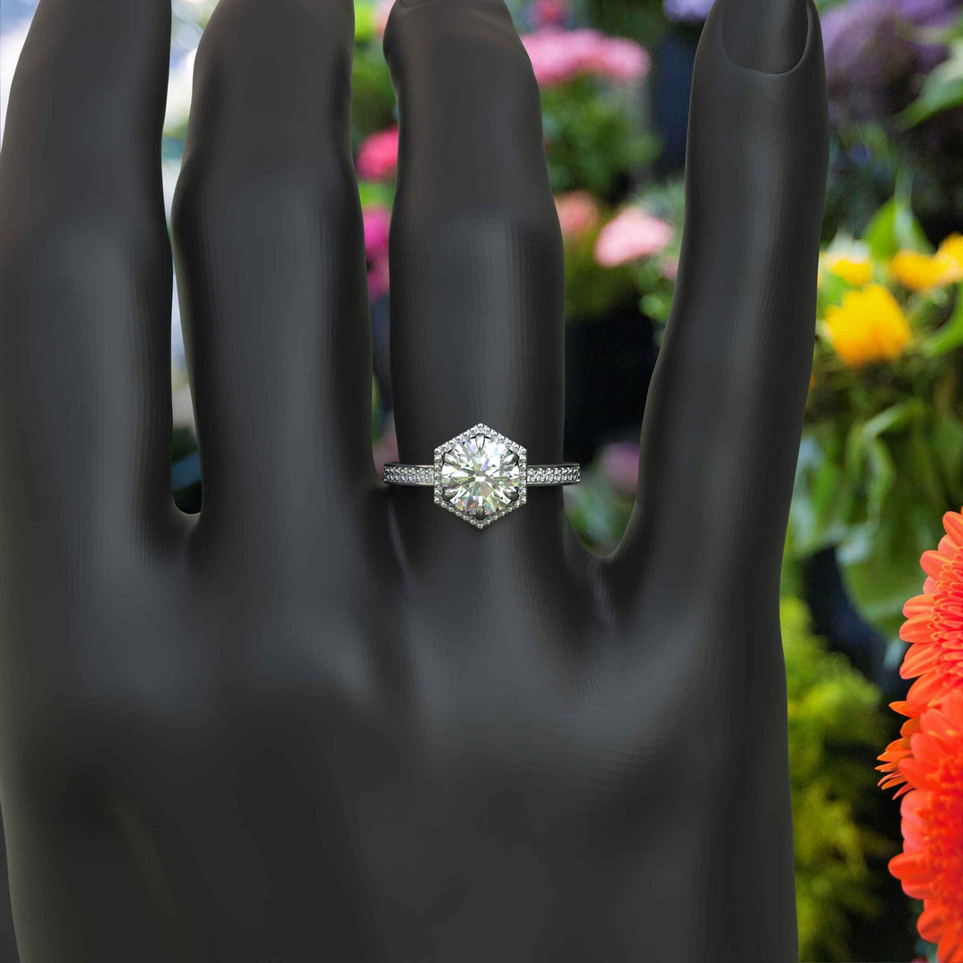 Elegant Round Colorless Moissanite Ring, Spotlighted by a Delicate Miligrain Halo