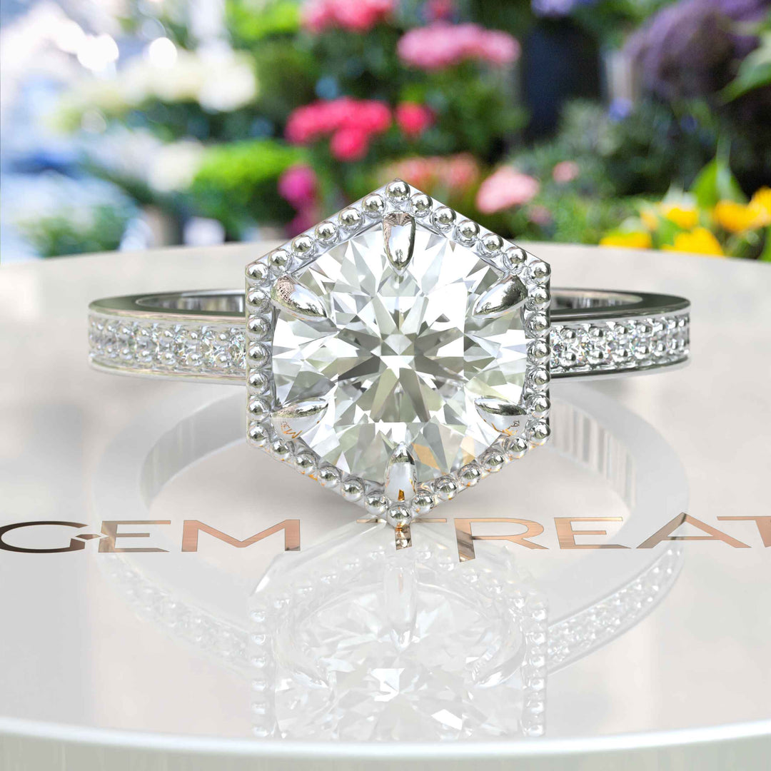 Elegant Round Colorless Moissanite Ring, Spotlighted by a Delicate Miligrain Halo