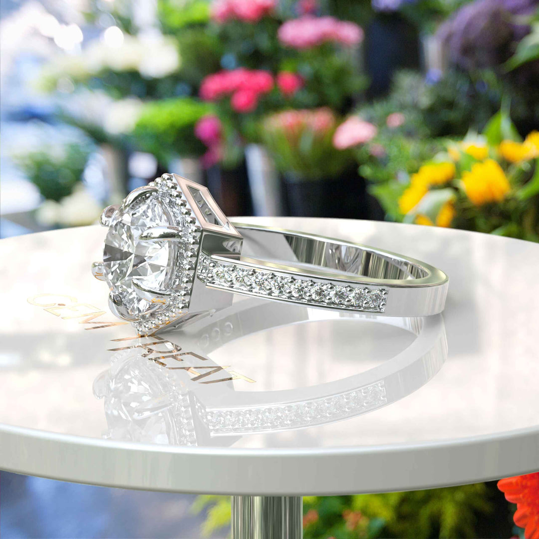 Elegant Round Colorless Moissanite Ring, Spotlighted by a Delicate Miligrain Halo