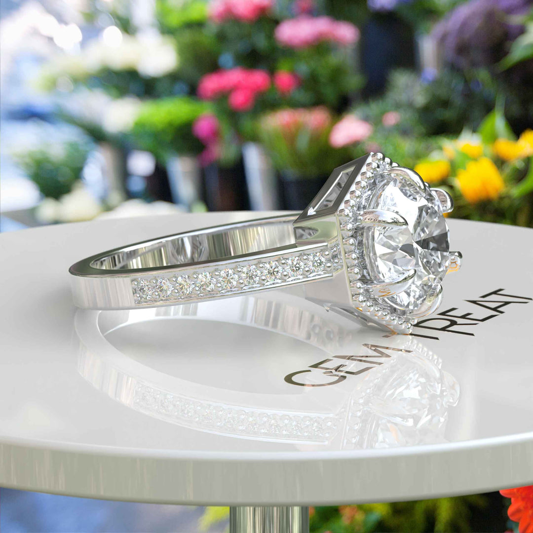 Elegant Round Colorless Moissanite Ring, Spotlighted by a Delicate Miligrain Halo