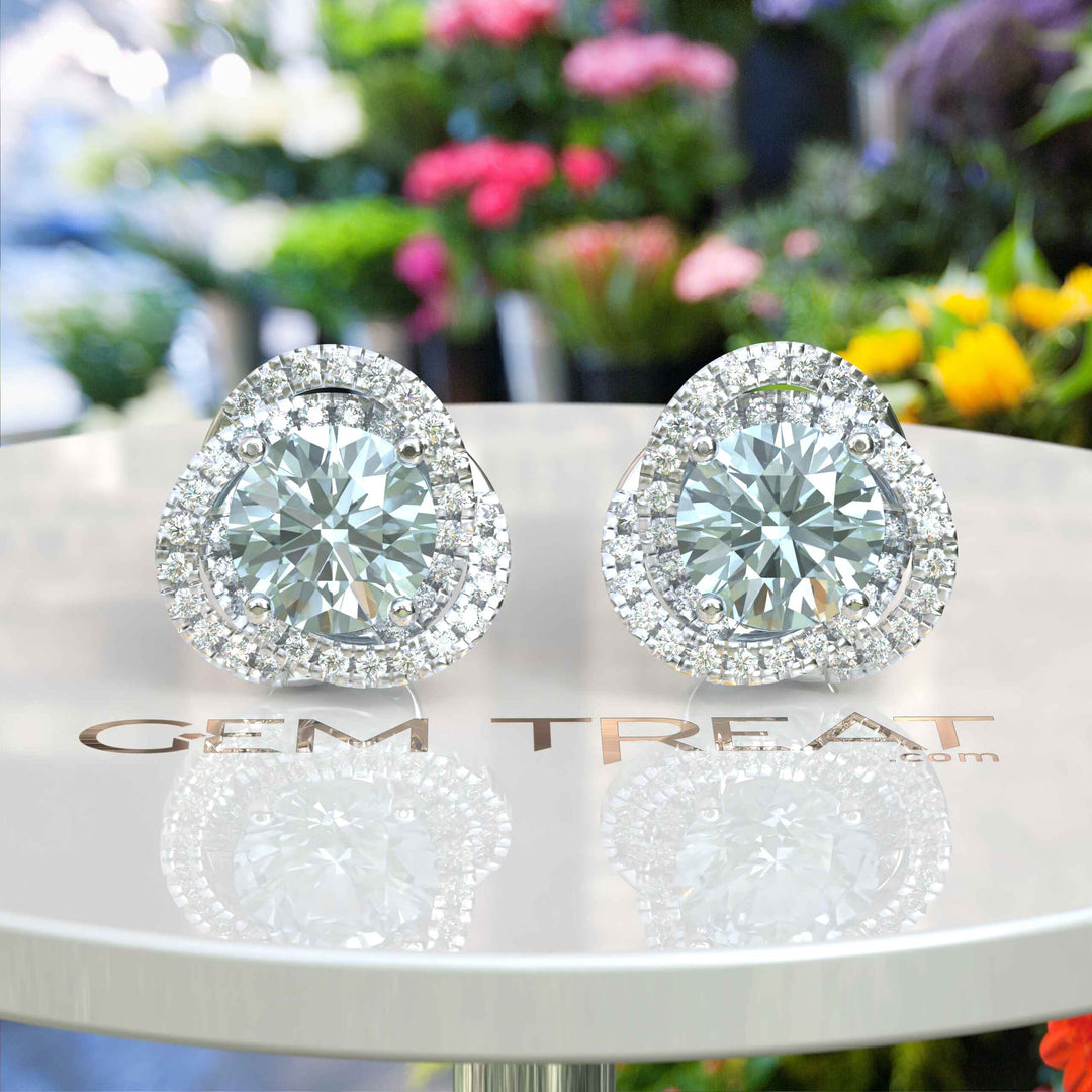 Celestial Seascape: Round Aquamarine Stud Earrings with Double Halos.