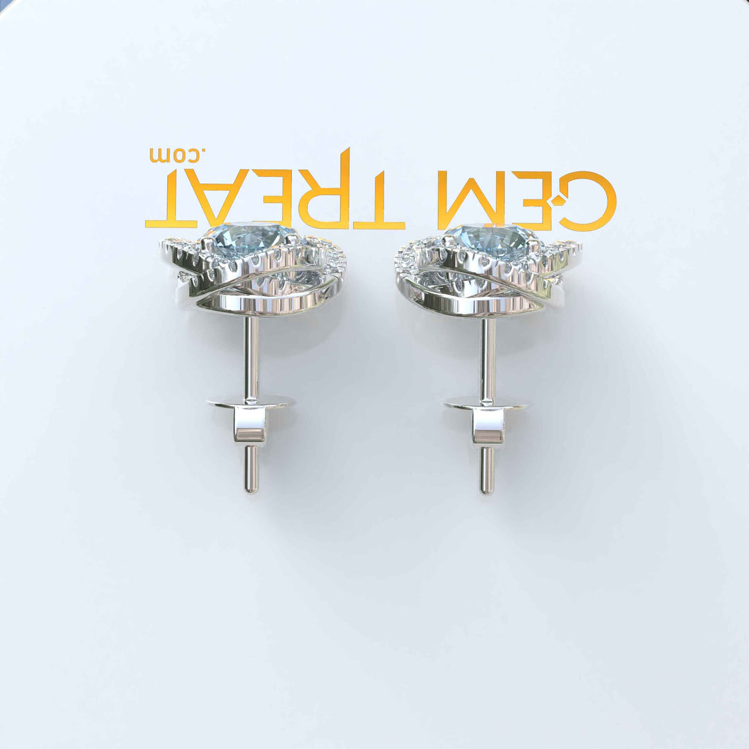 Celestial Seascape: Round Aquamarine Stud Earrings with Double Halos.