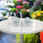 Load image into Gallery viewer, Celestial Seascape: Round Aquamarine Stud Earrings with Double Halos.
