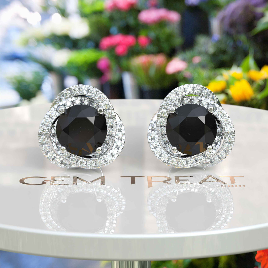 Night's Radiance: Round Black Onyx Stud Earrings with Moissanite Halo.