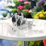 Load image into Gallery viewer, Night&#39;s Radiance: Round Black Onyx Stud Earrings with Moissanite Halo.
