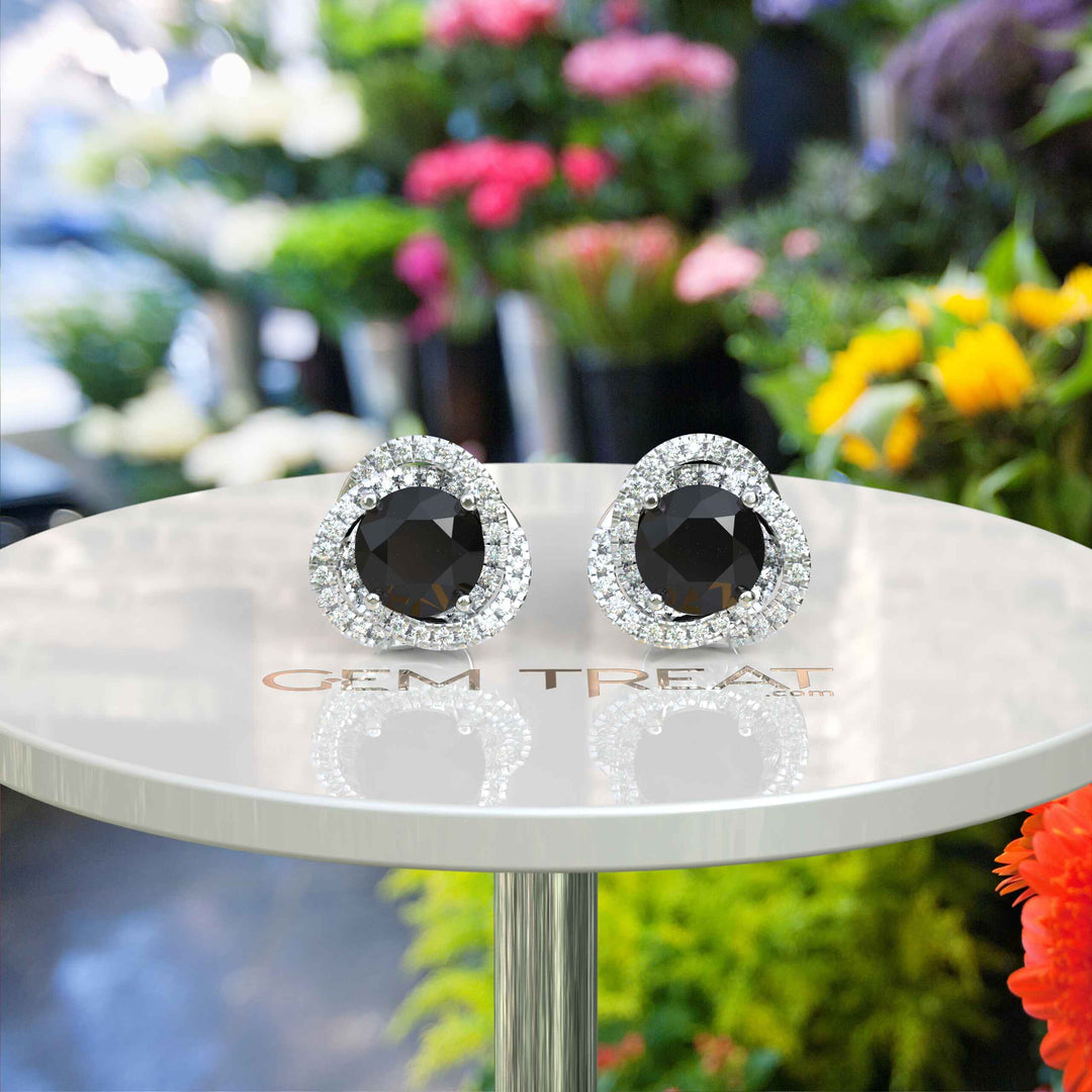 Night's Radiance: Round Black Onyx Stud Earrings with Moissanite Halo.